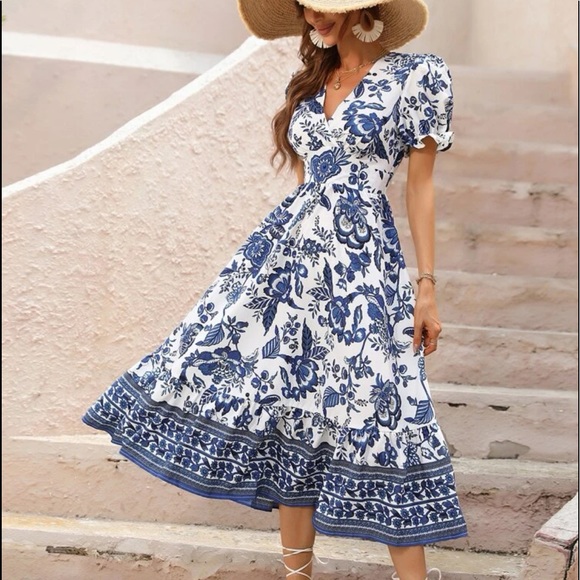 Boho Bohemian Gypsy Floral Print Puff Sleeve  Surplice Neck Dress White Blue - Picture 5 of 9
